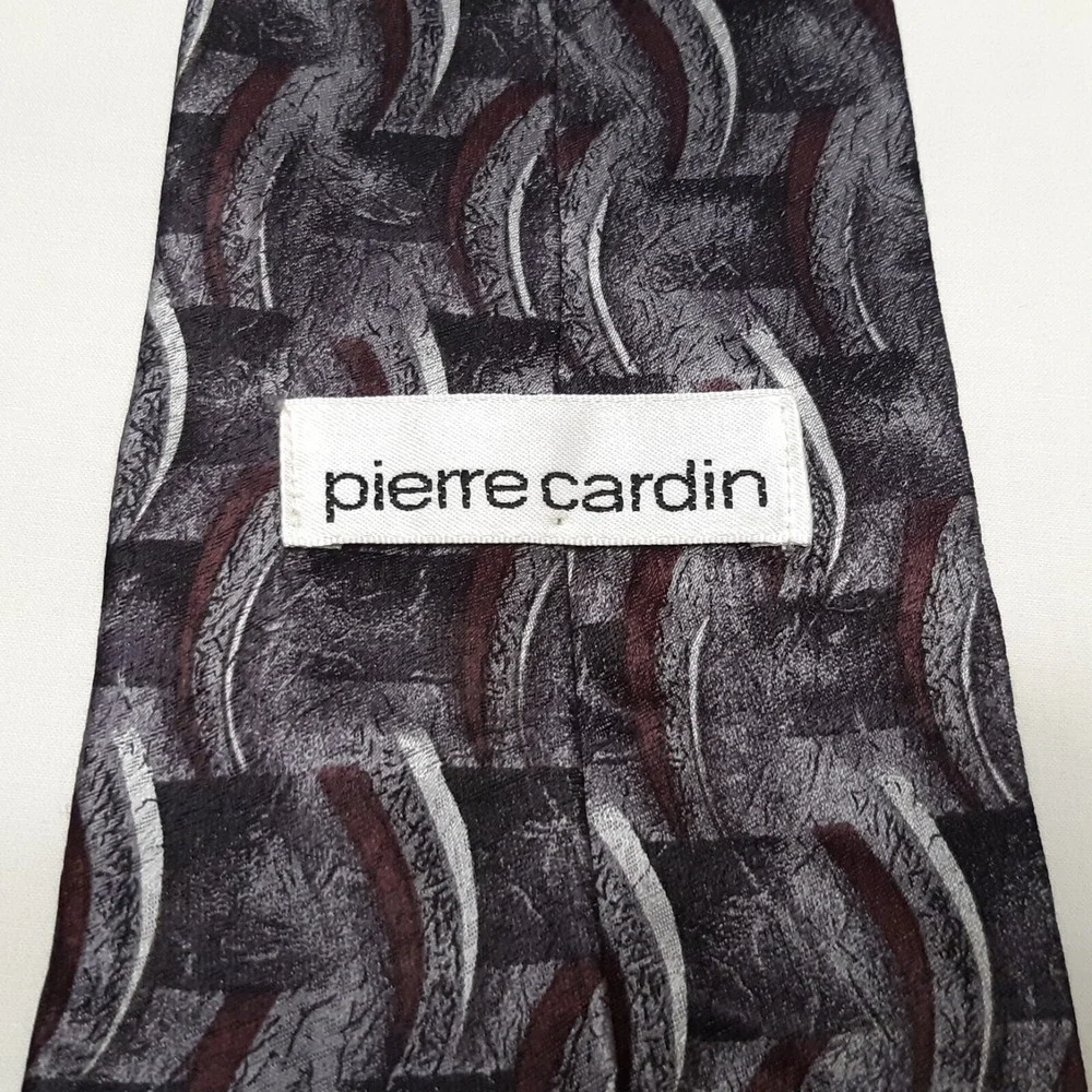 VTG Pierre Cardin Necktie Mens OS‎ Grey Black Burgundy Silk Geometric Abstract